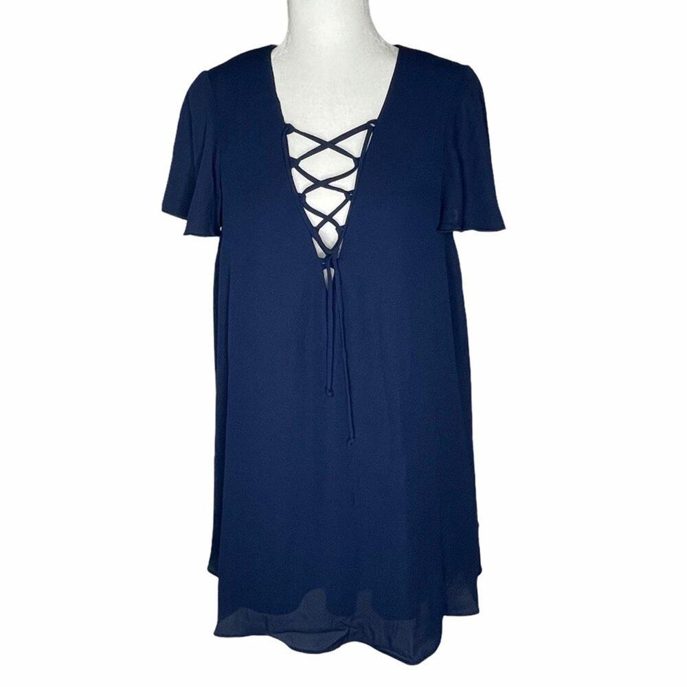 Show Me Your Mumu Navy Blue Kylie Lace Up Dress Flutter Sleeves Size XS
